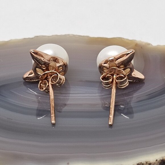 925 Sterling Silver Vermeil Button Pearl Pierced Cat Earrings Studs Rose Gold - Picture 3 of 12